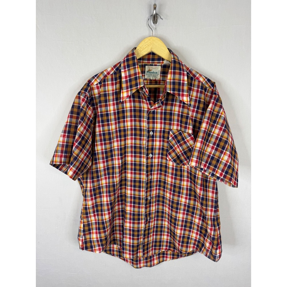 Vintage 70s Mohawk Mens XL Plaid Short Sleeve Button Down Shirt Red Blue Yellow